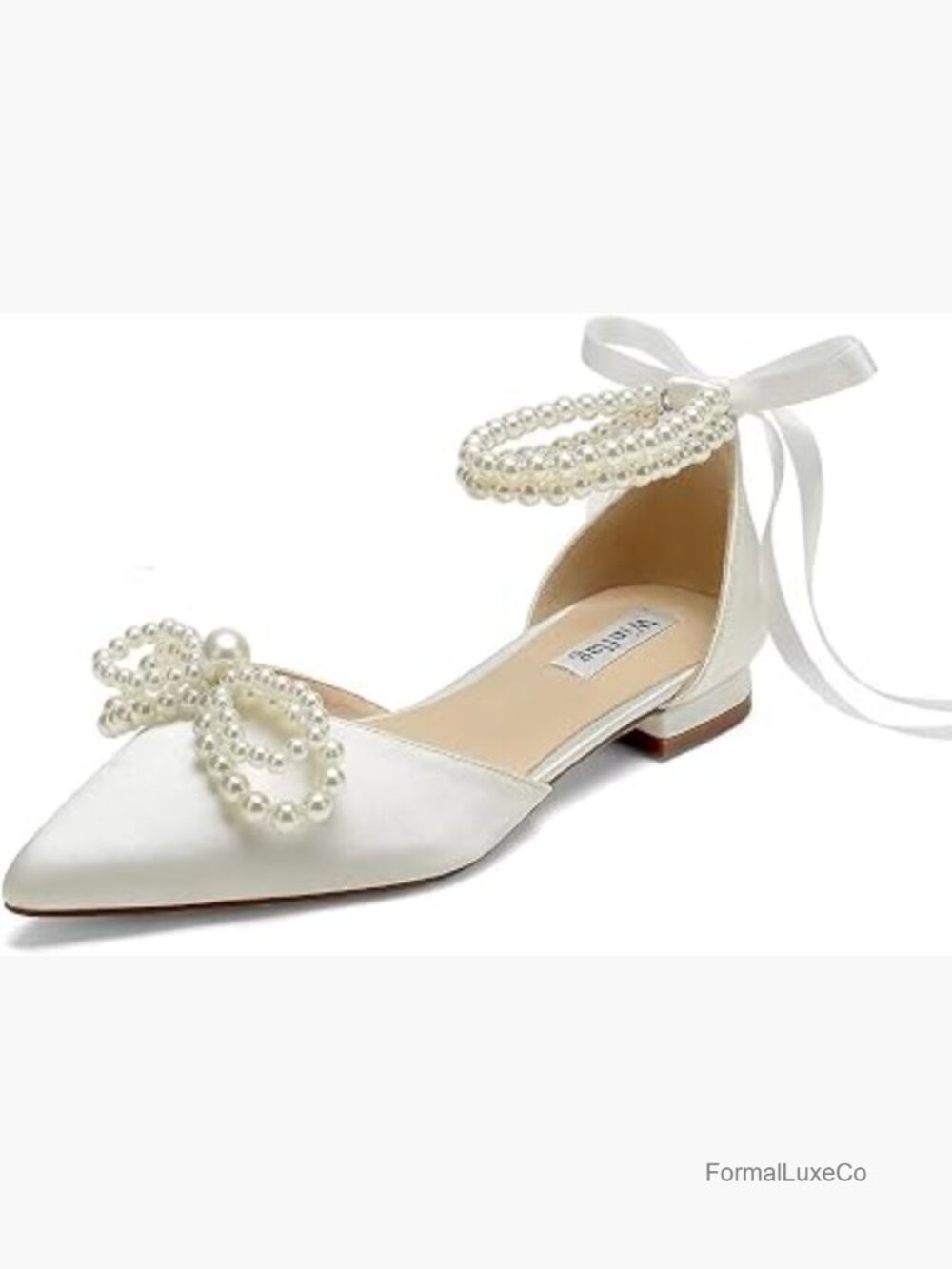 Satin Pointed Toe Flat Bridal Shoes with Pearl Strap